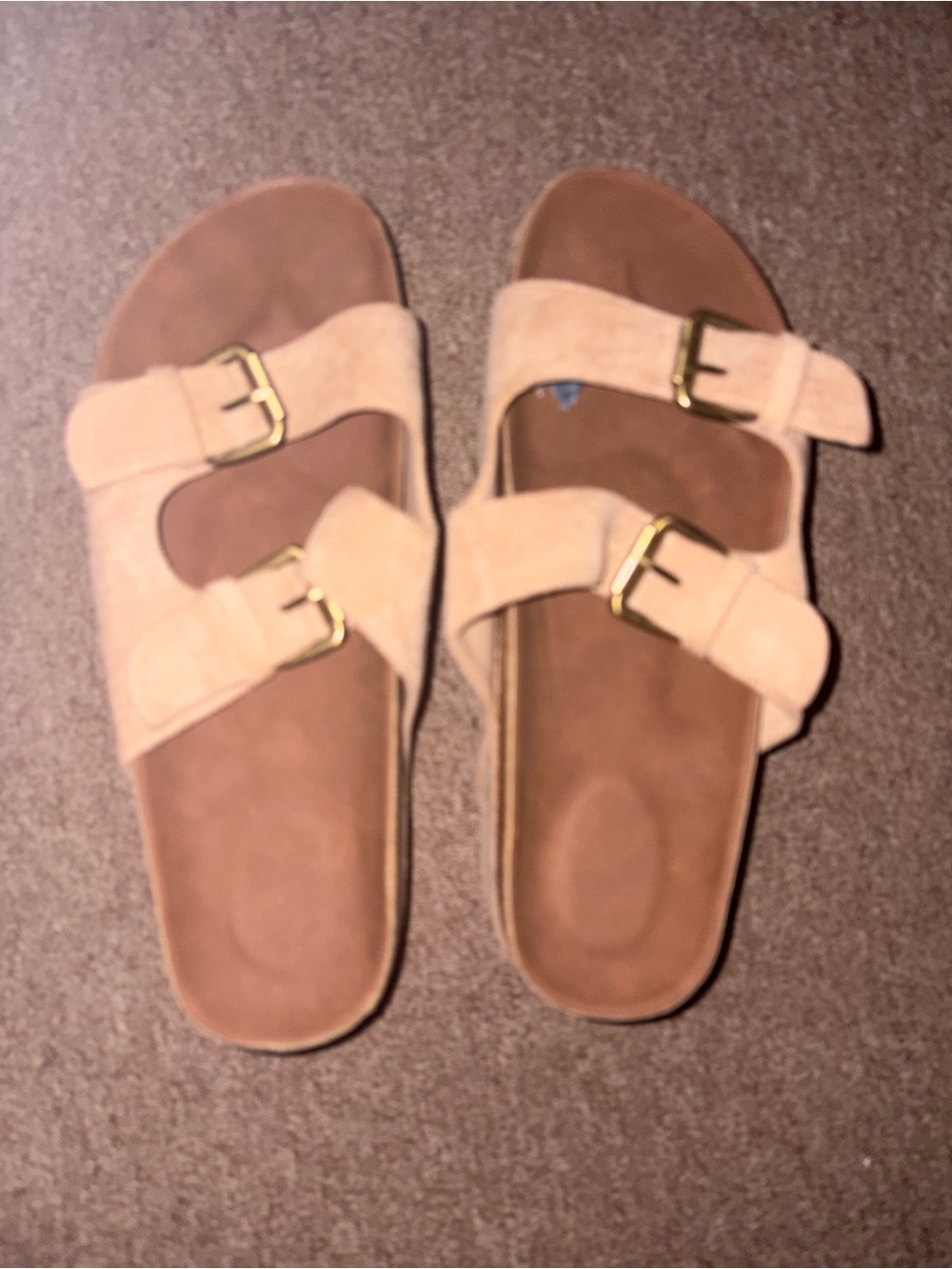 Women's Double-Buckle Suede Slide Sandals - Tan
